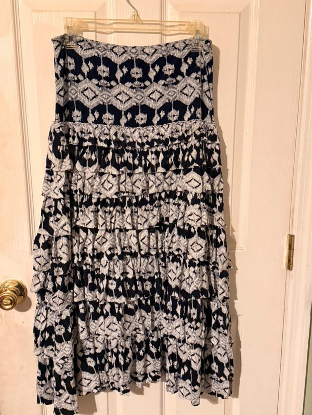 Grace Elements Aztec Boho Navy & White Low-rise Cottagecore Ruffle Maxi Skirt-M